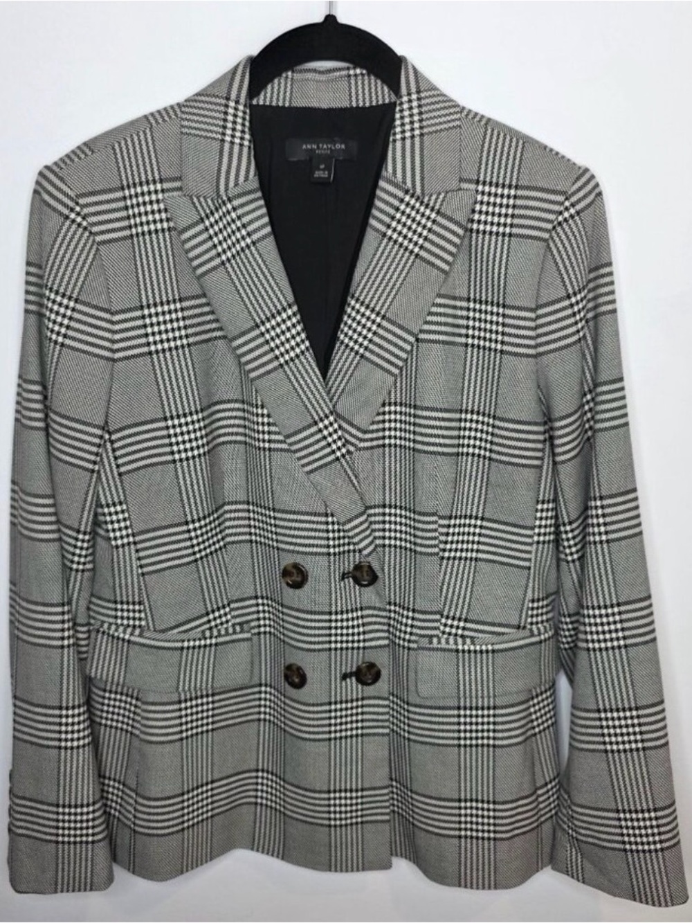 Ann Taylor Petite Double-Breasted Glen Plaid Blazer | Size 6P | Black White
